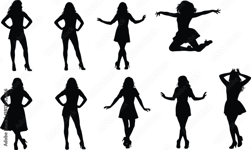 Obraz premium Collection of Beautiful Female Model Silhouettes Vector Set in Various Dynamic and Stylish Poses, Including Jumping, Posing, and Fashionable Standing, Isolated on White.