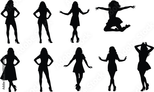 Collection of Beautiful Female Model Silhouettes Vector Set in Various Dynamic and Stylish Poses, Including Jumping, Posing, and Fashionable Standing, Isolated on White.