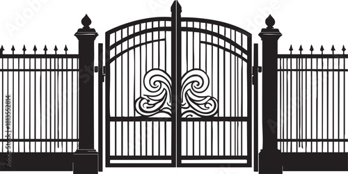 Ornamental iron gate vector illustration - black and white gate design eps silhouette