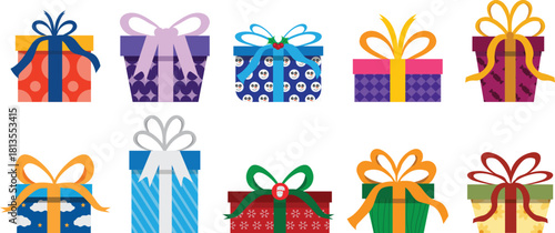 Set of colorful pattern christmast and birthday gift boxes on cartoon flat style design with ribbon isolated on white background