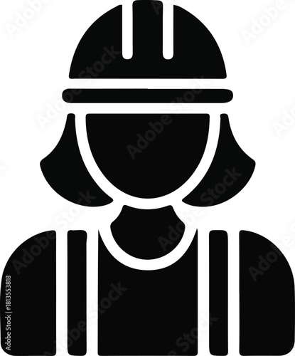 Construction worker female icon for safety visuals, Black silhouette icon of a female construction worker wearing a hard hat and safety gear, ideal for signage, apps, manuals, and industry graphics.

