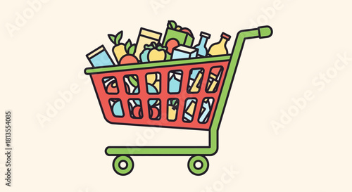 Cartoon shopping cart filled with groceries on a beige background.