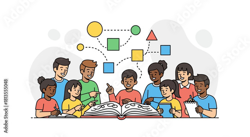 Group of children gathered around a book, with geometric shapes floating above, suggesting learning and collaboration.