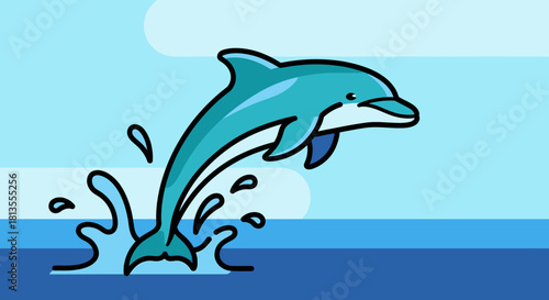 Cartoon dolphin jumping out of the water with a blue sky background.