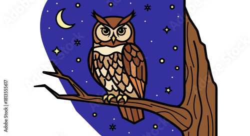 Illustration of an owl perched on a tree branch at night.