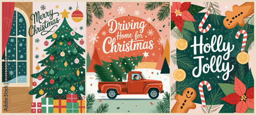Festive Christmas card set with decorated tree, snowy pickup truck, and holiday wreath, vintage retro style, warm reds and greens, perfect for holiday cards and seasonal decor