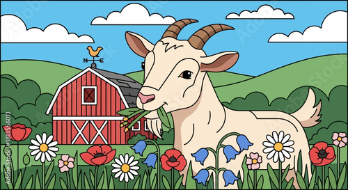 Goat eating grass in a field with a barn in the background.