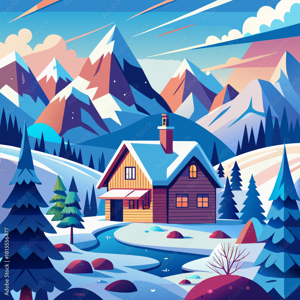 Naklejka premium winter landscape with trees and mountains