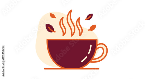 Illustration of a steaming cup of tea or coffee with falling leaves.