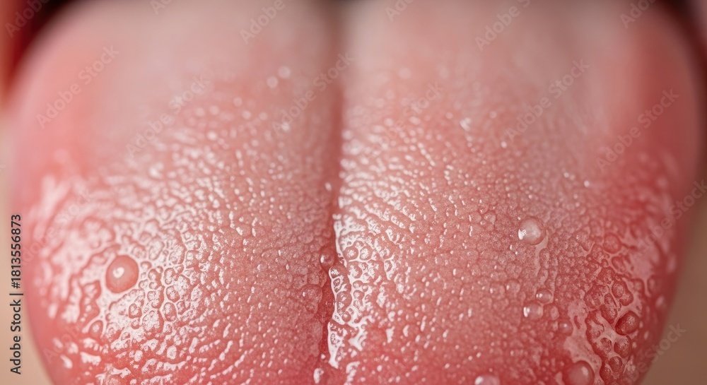 Fototapeta premium Macro Close Up of Human Tongue Exhibiting Papillae and Moisture Displaying Sensory Organ Details and Taste Bud Structure for Physiological Examination