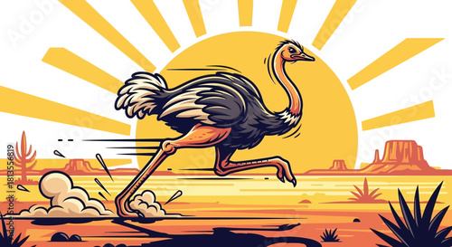 Cartoon ostrich running fast across a desert landscape with a bright sun in the background.