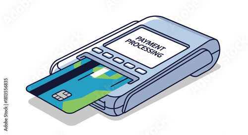 Illustration of a credit card being swiped in a payment processing terminal.