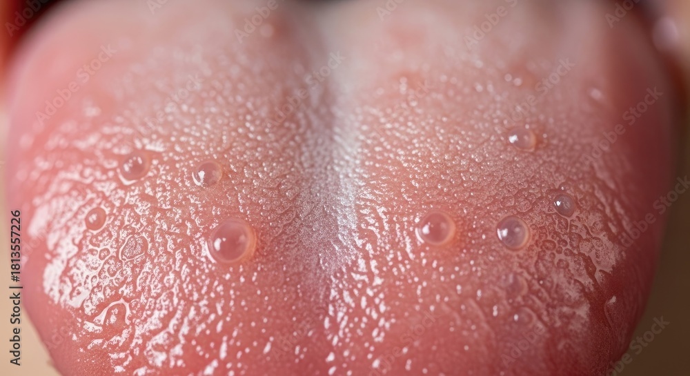 Fototapeta premium Close Up Human Tongue Surface With Water Droplets Demonstrating Taste Buds and Papillae Organ Involved in Speech Digestion Sensory Perception Gustatory System Anatomy