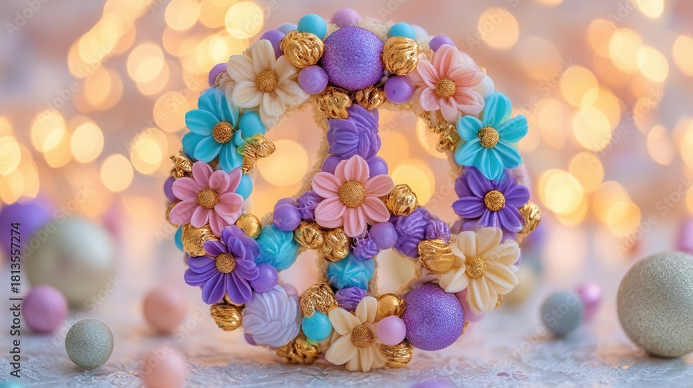 Obraz premium groovy Christmas Colorful peace sign adorned with flowers and decorative elements.