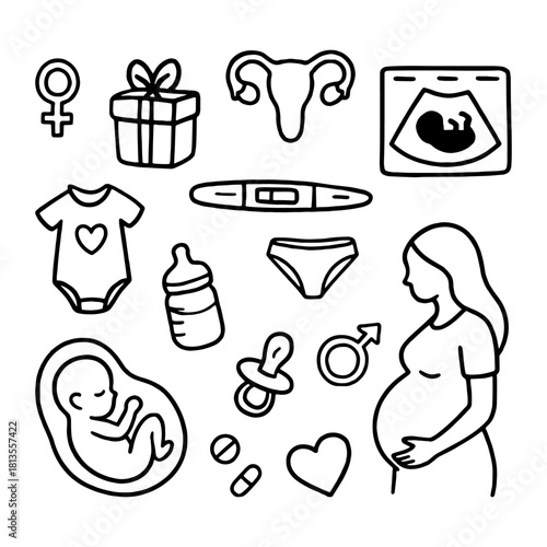 Set of doodle elements for pregnant women. Pregnancy, pregnancy planning. Vector illustration