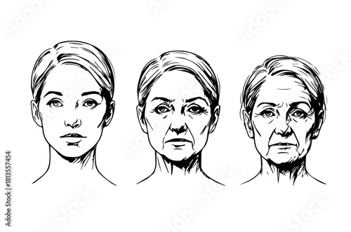 Drawn sketch of women of different ages. Young, adult, old woman. Aging process of a woman. Vector illustration.