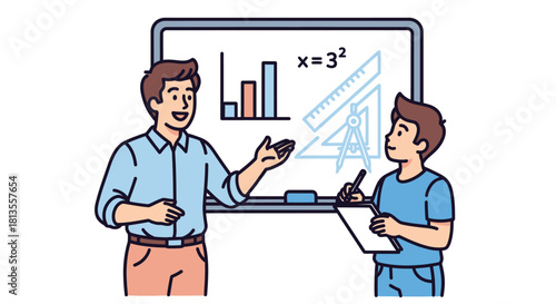 Teacher explaining math to student in front of whiteboard with equation.