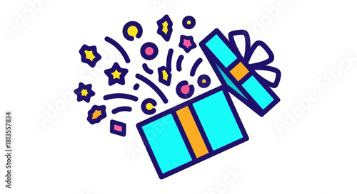Open gift box with confetti and stars, celebration concept.