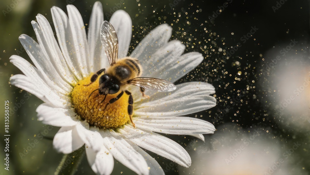 Obraz premium Bee collecting pollen from a daisy flower in macro photography.