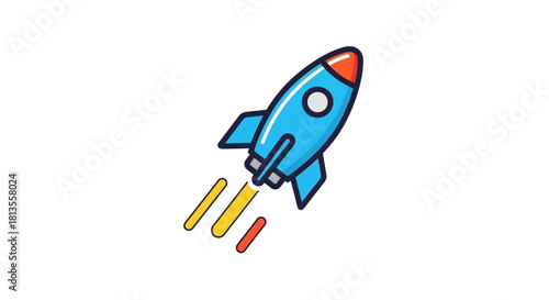 Illustration of a blue rocket ship with red nose and yellow and red flames.