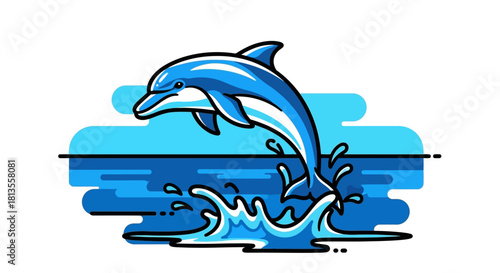 Illustration of a dolphin jumping out of the water with stylized waves and splashes.