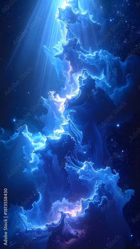 Fototapeta premium Dramatic blue nebula artwork with radiant light piercing through