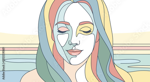 Abstract portrait of a woman with colorful hair and closed eyes.