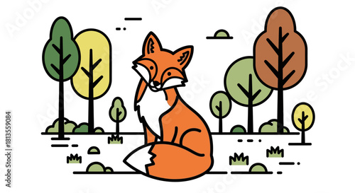 Illustration of a fox sitting in a forest with trees and grass.