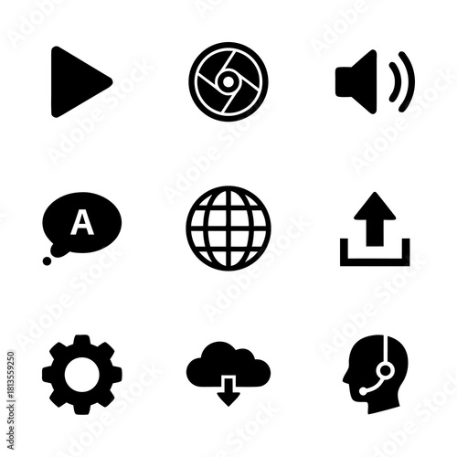 Set of nine black icons representing various functions and concepts
