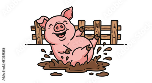 Happy pig cartoon playing in mud puddle with fence background.