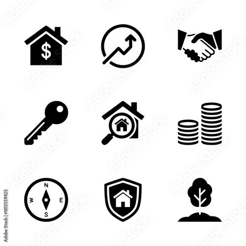 Real estate icons representing home buying, investment, and property protection