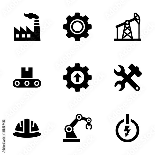 Industrial icons representing factory, gears, oil pump, and robotic arm