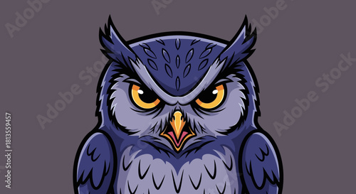 Cartoon owl with intense yellow eyes and purple feathers.
