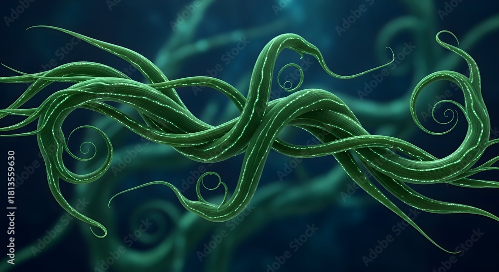 Obraz premium Abstract green tendrils intertwine against a dark, blurred background, creating an organic, flowing, and mysterious visual