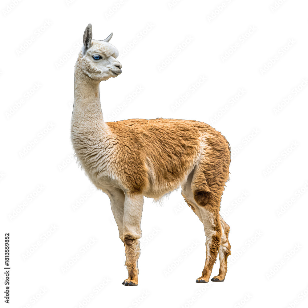 Naklejka premium Side view of a light brown and white alpaca standing on a transparent background isolated