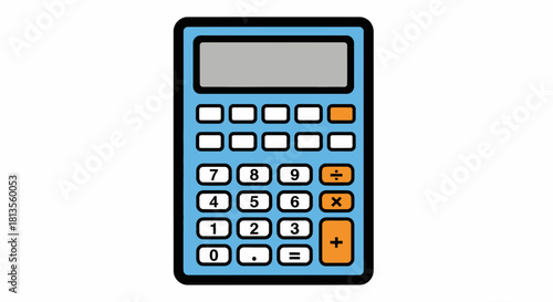 Illustration of a blue calculator with orange and white buttons.
