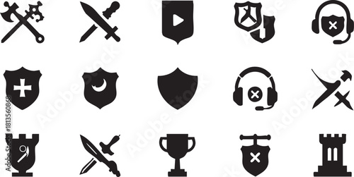 Game icons vector set: swords, shields, axes, and more - royalty free eps silhouette