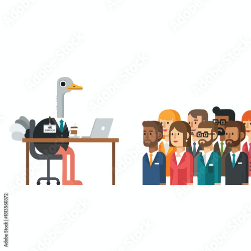Ostrich working on laptop in office cartoonish representation of remote work setup