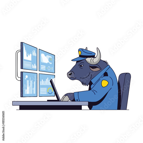 Bull Police Officer Monitoring Financial Data