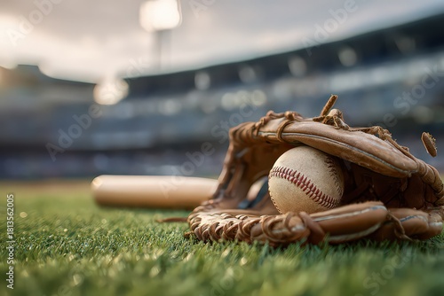 Baseball Glove And Ball Resting On Green Grass Field In Baseball Stadium During Daytime