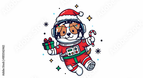 Cartoon dog astronaut wearing a Santa hat, holding a gift and candy cane, surrounded by sparkles.