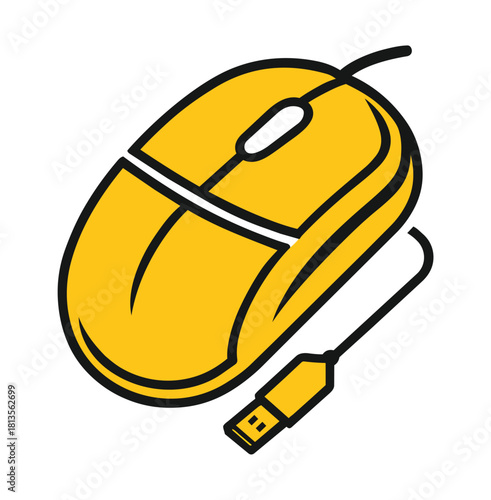 Yellow Computer Mouse with USB Connector and Cable technology