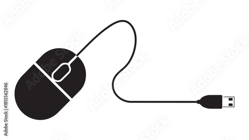 Black computer mouse with USB cable and connector on white vector illustration