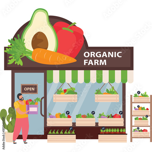 Man Carrying Fresh Produce Outside Organic Farm Store Surrounded by Various Vegetables and Fruits Detailed Pixel Art Style with Green Awning and Open Sign