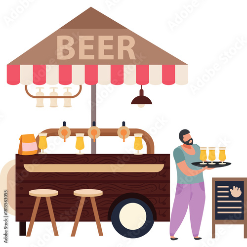 Man Serving Beer From A Wooden Cart With A Striped Awning At An Outdoor Festival Event With Stools and Menu Board