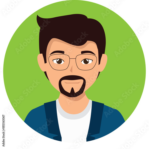 Man with Beard and Glasses Wearing a Blue Jacket and White Shirt a Circular Light Green Background