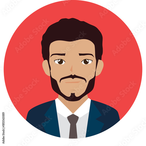 Man with Brown Hair and Beard Wearing a Blue Suit and Grey Tie With a Red Circle Background