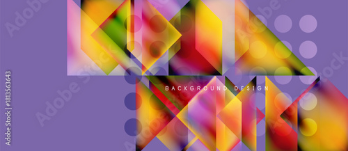 Abstract geometric shapes overlap, creating vibrant colorful design. Purple background enhances visual impact. Modern aesthetic.