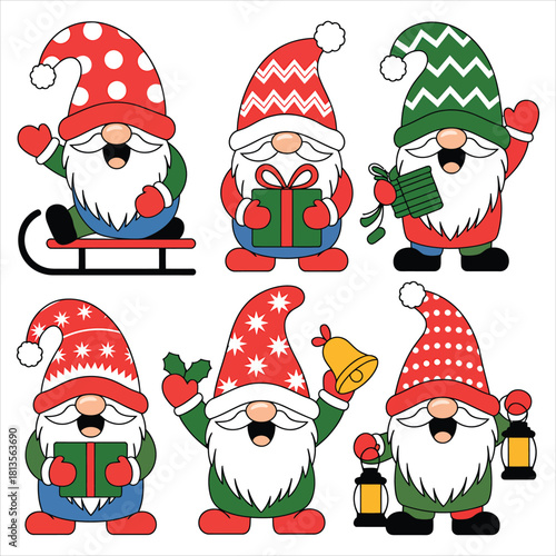 Festive cartoon gnomes cheerfully celebrate with holiday gifts, sleigh rides, bell, and lanterns, with transparent background