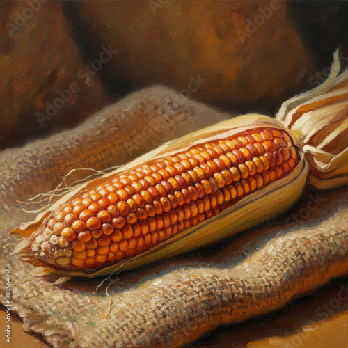 Close-up of ripe corn cob resting on a rustic burlap surface in warm lighting